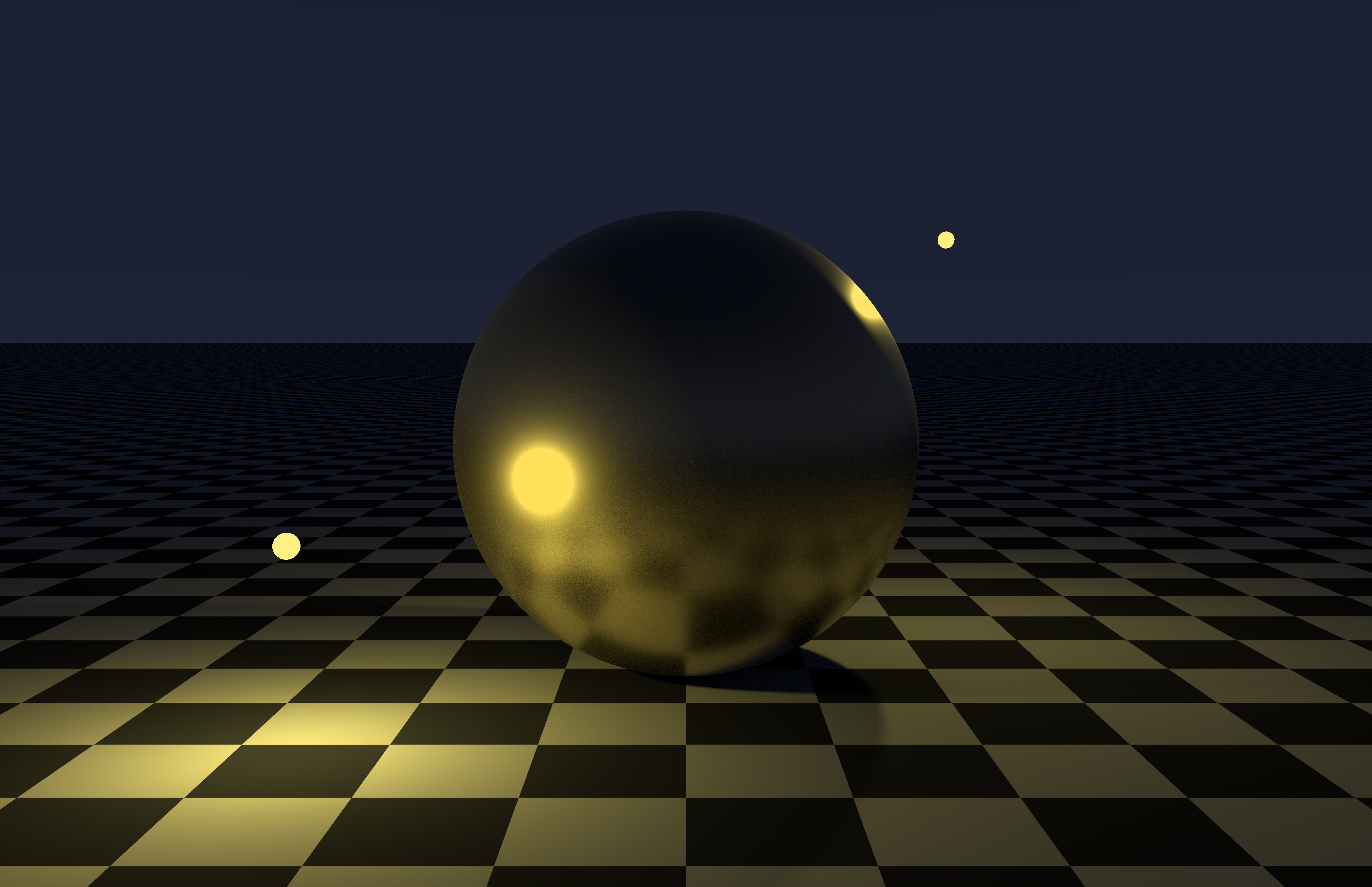 The first brass sphere on a checkerboard, illuminated by two yellow fireflies.
